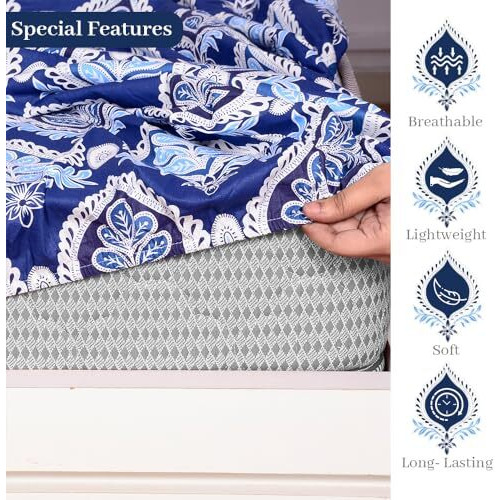 Divine Casa 144 Tc Cotton Floral Print Single Bed Elastic Fitted Bedsheet With 1 Pillow Cover (90 X 198 + 15 Cm, Blue Ribbon)
