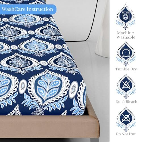 Divine Casa 144 Tc Cotton Floral Print Single Bed Elastic Fitted Bedsheet With 1 Pillow Cover (90 X 198 + 15 Cm, Blue Ribbon)