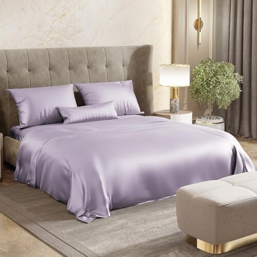 Haus & Kinder Premium Satin Royale Serene Lilac Bedsheets, King Flat Bedsheet With 2 Pillow Cover Set, 300Tc For Summers/Winter, Gift For Couples, Romantic Dates, Wedding