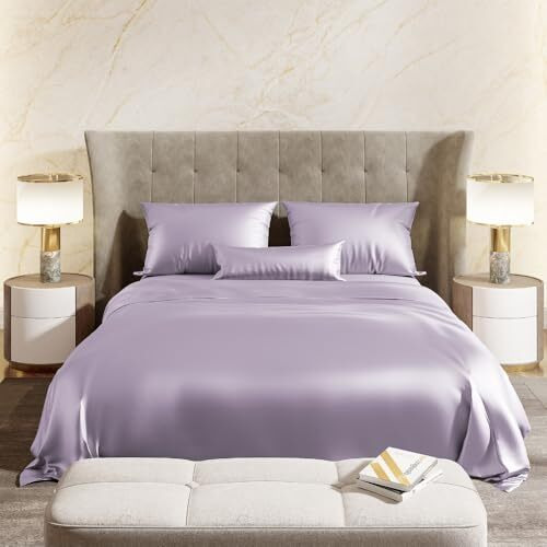 Haus & Kinder Premium Satin Royale Serene Lilac Bedsheets, King Flat Bedsheet With 2 Pillow Cover Set, 300Tc For Summers/Winter, Gift For Couples, Romantic Dates, Wedding