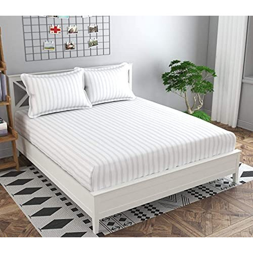 Amazon Brand  Umi Super Soft Brushed Microfiber Cotton Satin Striped 60X78(Inches) 5X6.5(Feet) Fitted Bedsheet With 2 Pillow Covers,All Around Elastic Fitted Bedsheet With Pillow Covers