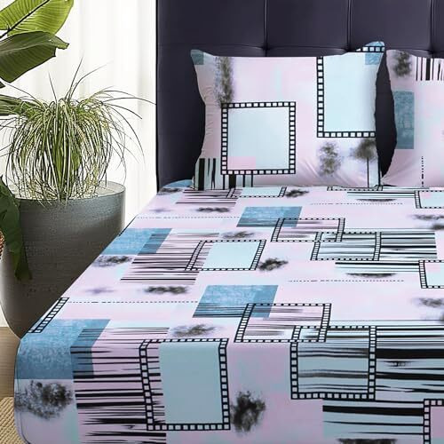 Story@Home Bedsheet Queen Size Bed | Microfiber Bedsheet | Geometric | Fitted Queen Size Bedsheet With 2 King Size Pillow Covers (182 X 152Cm, Ivory) Fitted Bedsheets | Perfect For Home Decor