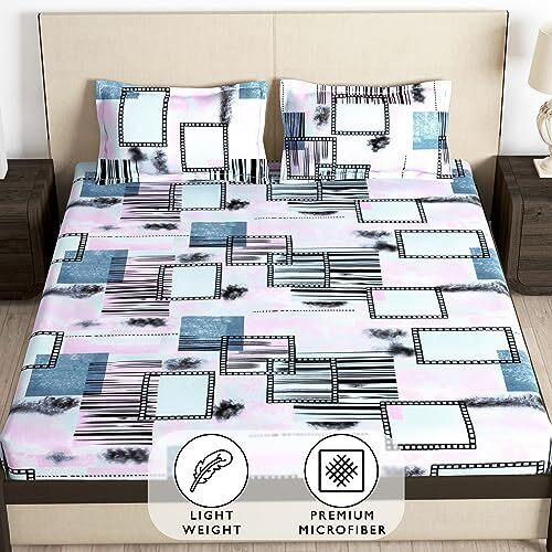 Story@Home Bedsheet Queen Size Bed | Microfiber Bedsheet | Geometric | Fitted Queen Size Bedsheet With 2 King Size Pillow Covers (182 X 152Cm, Ivory) Fitted Bedsheets | Perfect For Home Decor