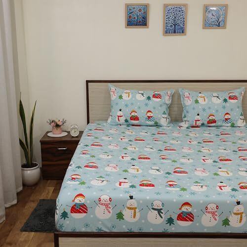 Cottington Lane Microfiber 144 Tc Printed Bedsheet For King Bed With 2 Pillow Covers For Summer Breathable Soft Wrinklefree Soft Touch & Skin Friendly,102X108 Inches, Starry Snowmen