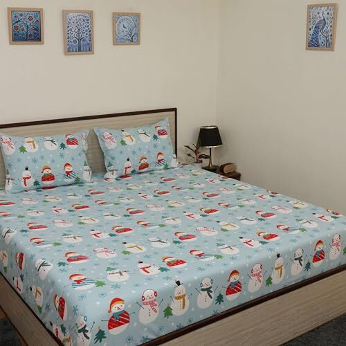 Cottington Lane Microfiber 144 Tc Printed Bedsheet For King Bed With 2 Pillow Covers For Summer Breathable Soft Wrinklefree Soft Touch & Skin Friendly,102X108 Inches, Starry Snowmen