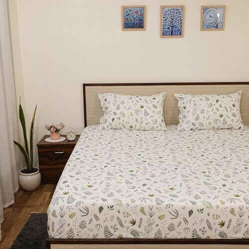 Cottington Lane Microfiber 144 Tc Printed Bedsheet For King Bed With 2 Pillow Covers For Summer Breathable Soft Wrinklefree Soft Touch & Skin Friendly,102X108 Inches, Leafy Tranquil