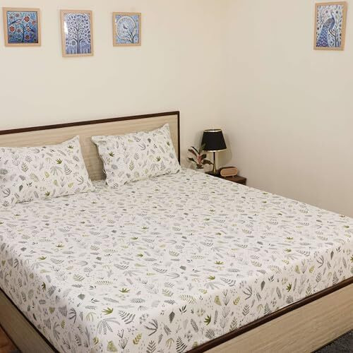 Cottington Lane Microfiber 144 Tc Printed Bedsheet For King Bed With 2 Pillow Covers For Summer Breathable Soft Wrinklefree Soft Touch & Skin Friendly,102X108 Inches, Leafy Tranquil