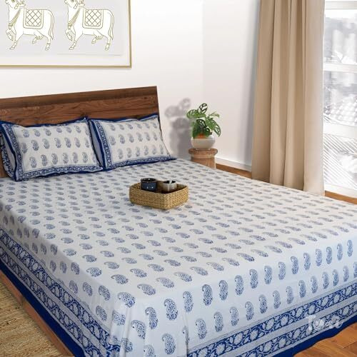 Toai Hand Block Printed Bedsheet Pure Cotton Double Bed Queen Size 90&quotX108" 210 Tc Bedsheets Includes 2 Pillow Covers (Beautiful Blue Paan)