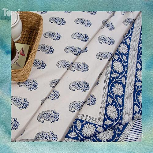 Toai Hand Block Printed Bedsheet Pure Cotton Double Bed Queen Size 90&quotX108" 210 Tc Bedsheets Includes 2 Pillow Covers (Beautiful Blue Paan)