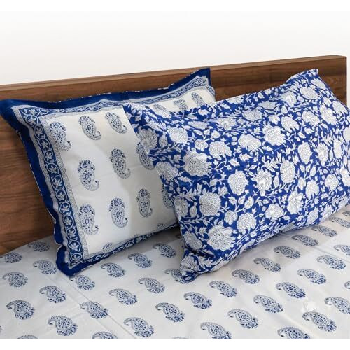 Toai Hand Block Printed Bedsheet Pure Cotton Double Bed Queen Size 90&quotX108" 210 Tc Bedsheets Includes 2 Pillow Covers (Beautiful Blue Paan)