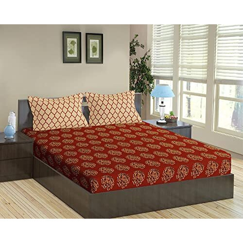 Trance Home Linen 200Tc 100% Cotton Queen Size Printed Bedsheet | Bedding Set Of Queen Size Flat Bed Cover With 2 Pillow Covers (86X104 Inch | 7.1Ft X 8.6Ft - Damask & Dori - Clay Red)
