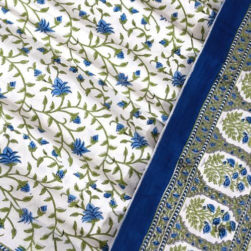 Toai Bedsheet For Double Bed King Size 108" X 108" |100% Pure Cotton 210Tc | Hand Block Printed Jaipuri Bedsheet | 2 Reversible Pillow Covers 18&quotX27" |White Blue Florals