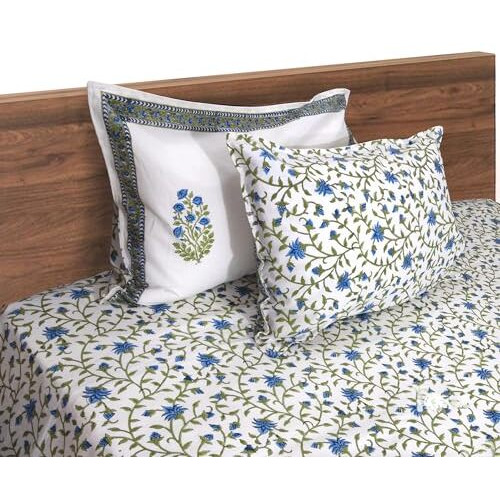 Toai Bedsheet For Double Bed King Size 108" X 108" |100% Pure Cotton 210Tc | Hand Block Printed Jaipuri Bedsheet | 2 Reversible Pillow Covers 18&quotX27" |White Blue Florals