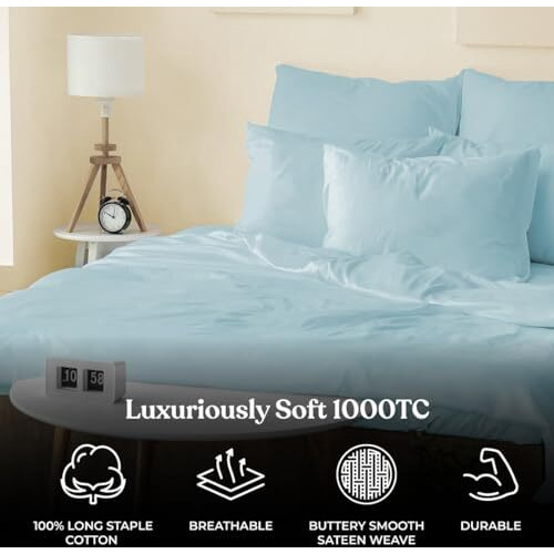 Blue Dahlia 1000Tc Cotton Flat Bedsheet (King Size, Blue) Solid Bed Sheet For Double Bed, 1 Flat Sheet(108&quotX108")& 4 Pillow Covers(18&quotX28") Premium Bedding Set Oeko-Tex Certified