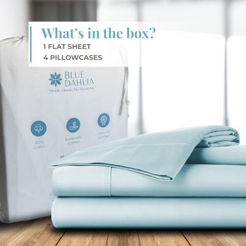 Blue Dahlia 1000Tc Cotton Flat Bedsheet (King Size, Blue) Solid Bed Sheet For Double Bed, 1 Flat Sheet(108&quotX108")& 4 Pillow Covers(18&quotX28") Premium Bedding Set Oeko-Tex Certified