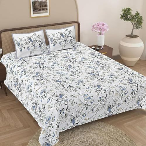 Jaipur Weaves Bedsheet For Double Bed Queen Size-100% Pure Cotton Floral Bed Sheet Set With 2 Pillow Covers,Soft Cozy Jaipuri Bedsheets Set,90X108 Inches(Blue Bird,Queen),144 Tc