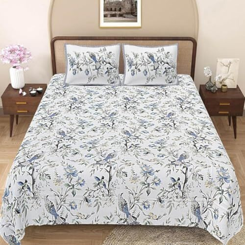 Jaipur Weaves Bedsheet For Double Bed Queen Size-100% Pure Cotton Floral Bed Sheet Set With 2 Pillow Covers,Soft Cozy Jaipuri Bedsheets Set,90X108 Inches(Blue Bird,Queen),144 Tc