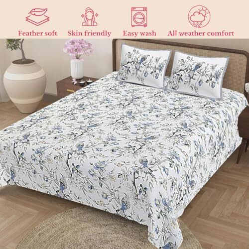 Jaipur Weaves Bedsheet For Double Bed Queen Size-100% Pure Cotton Floral Bed Sheet Set With 2 Pillow Covers,Soft Cozy Jaipuri Bedsheets Set,90X108 Inches(Blue Bird,Queen),144 Tc