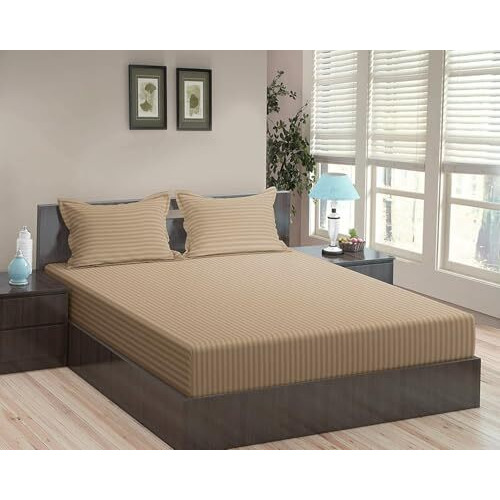 Trance Home Linen 100% Cotton 78X72 Inch King Fitted 200Tc Satin Stripe Elastic Fitted Bedsheet | Bedroom Hotels Daily Use Fitted Bedspread With 2 Pillow Covers (78&quotX72" | 6.5X6 Feet, Brown Grey)