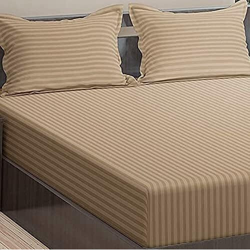 Trance Home Linen 100% Cotton 78X72 Inch King Fitted 200Tc Satin Stripe Elastic Fitted Bedsheet | Bedroom Hotels Daily Use Fitted Bedspread With 2 Pillow Covers (78&quotX72" | 6.5X6 Feet, Brown Grey)