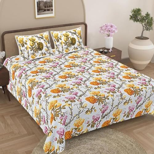 Jaipur Weaves Bedsheet For Double Bed Queen Size-100% Pure Cotton Floral Bed Sheet Set With 2 Pillow Covers,Soft Cozy Jaipuri Bedsheets Set,90X108 Inches(Yellow Flowers,Queen),144 Tc