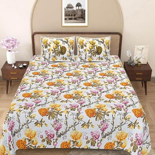 Jaipur Weaves Bedsheet For Double Bed Queen Size-100% Pure Cotton Floral Bed Sheet Set With 2 Pillow Covers,Soft Cozy Jaipuri Bedsheets Set,90X108 Inches(Yellow Flowers,Queen),144 Tc