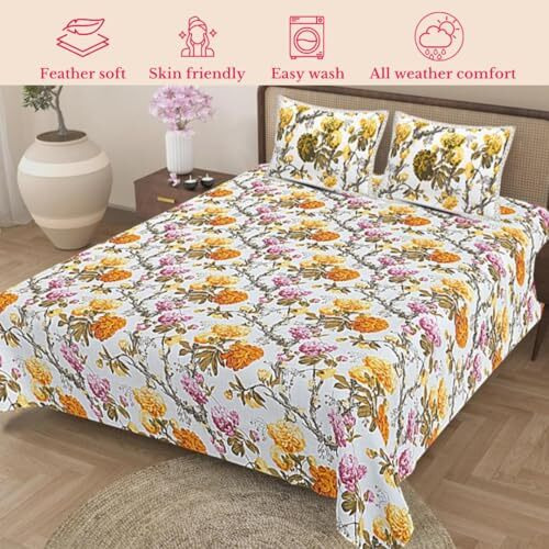 Jaipur Weaves Bedsheet For Double Bed Queen Size-100% Pure Cotton Floral Bed Sheet Set With 2 Pillow Covers,Soft Cozy Jaipuri Bedsheets Set,90X108 Inches(Yellow Flowers,Queen),144 Tc