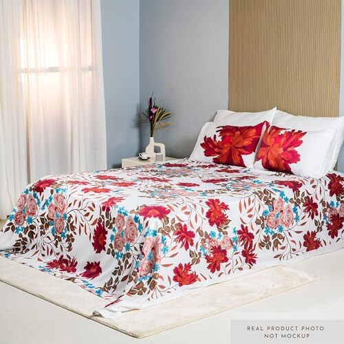 Rustique Linens | Digitally Printed With Reactive Ink Tech | 300 Tc 100% Organic Cotton Premium Bedsheet Set | Ultra-Soft Satin-Like Finish | Floral Crimson White