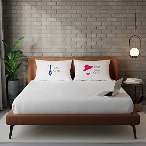 Stoa Paris Satin Bedsheet For Double Size Bed, Flip The Pillow Mr Right Mrs Always Right Flat Bedsheet Set, 2 Pillow Covers, Gifting For Couples, Wedding, Anniversary - White