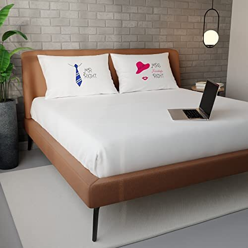 Stoa Paris Satin Bedsheet For Double Size Bed, Flip The Pillow Mr Right Mrs Always Right Flat Bedsheet Set, 2 Pillow Covers, Gifting For Couples, Wedding, Anniversary - White