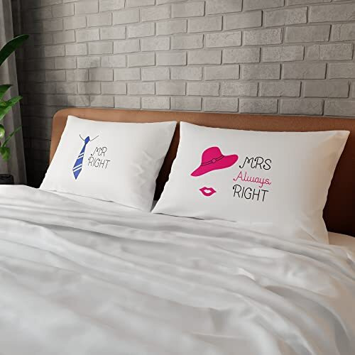 Stoa Paris Satin Bedsheet For Double Size Bed, Flip The Pillow Mr Right Mrs Always Right Flat Bedsheet Set, 2 Pillow Covers, Gifting For Couples, Wedding, Anniversary - White