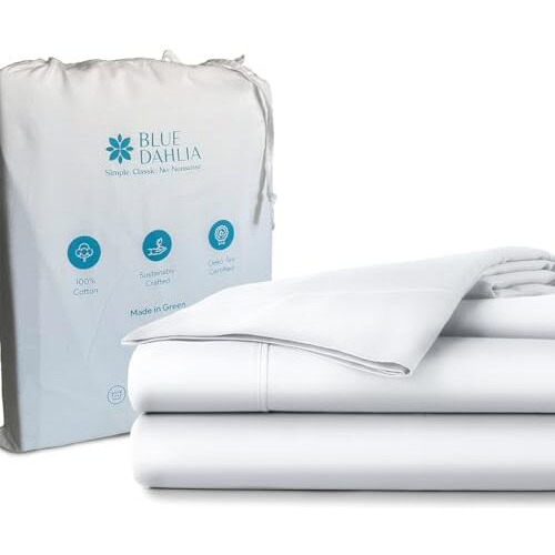 Blue Dahlia 100% Cotton Single Size Bedsheet Set With 1 Pillow Cover - 200Tc 1 Flat Sheet (60" X 90")+1 Pillow Cover (18&quotX28"), Oeko Tex Certified - White