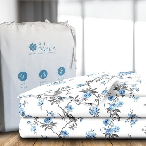 Blue Dahlia 254Tc Printed Cotton Fitted Bedsheet (King Size, Cherry Blossom White) Floral Bed Sheet For Double Bed,12&quotDeep Pocket-1 Elastic Fitted Sheet+2 Pillow Covers, Bedding Set Oeko-Tex Certified