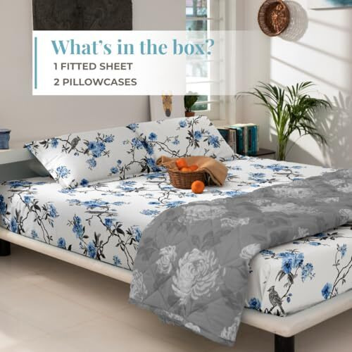 Blue Dahlia 254Tc Printed Cotton Fitted Bedsheet (King Size, Cherry Blossom White) Floral Bed Sheet For Double Bed,12&quotDeep Pocket-1 Elastic Fitted Sheet+2 Pillow Covers, Bedding Set Oeko-Tex Certified