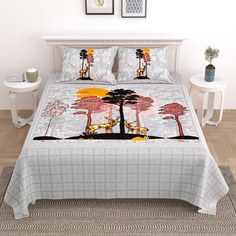 Kotts & Stitch Cotton Double Bed Bedsheet Set With 2 Pillow Covers | 210 Tc | 237X274 Cm | Jaipuri Deer Park| Soft & Breathable Double Bed Sheet For All Seasons  King Size Bedsheet