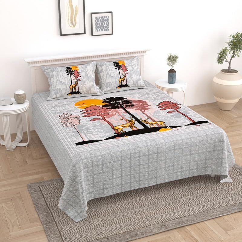 Kotts & Stitch Cotton Double Bed Bedsheet Set With 2 Pillow Covers | 210 Tc | 237X274 Cm | Jaipuri Deer Park| Soft & Breathable Double Bed Sheet For All Seasons  King Size Bedsheet