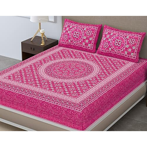 Sheetkart Summer 144 Tc 100% Cotton Bedsheet Jaipuri Printed With Pillow Covers (Pink)