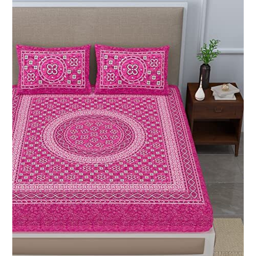 Sheetkart Summer 144 Tc 100% Cotton Bedsheet Jaipuri Printed With Pillow Covers (Pink)