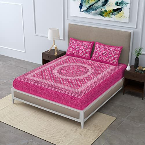 Sheetkart Summer 144 Tc 100% Cotton Bedsheet Jaipuri Printed With Pillow Covers (Pink)