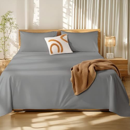 Bhoomi Impex 180 Bed Sheets For King Bed - Brushed Microfiber Bedding - Flat Bedsheets & Pillowcase - Breathable Wrinkle, Fade Resistant & Cooling Sheets - Light Grey Solid_King