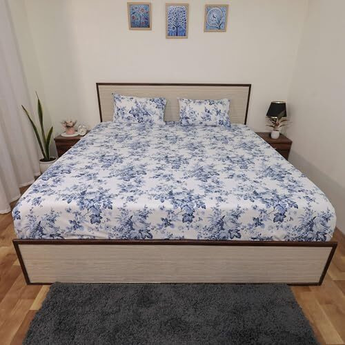 Bedsheet For Double Bed Include Pillow Covers Blue Floral Bliss Blue | Double Bed Sheets Soft Printed Bedding