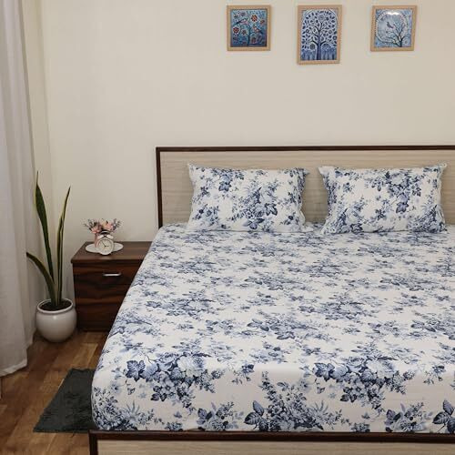 Bedsheet For Double Bed Include Pillow Covers Blue Floral Bliss Blue | Double Bed Sheets Soft Printed Bedding