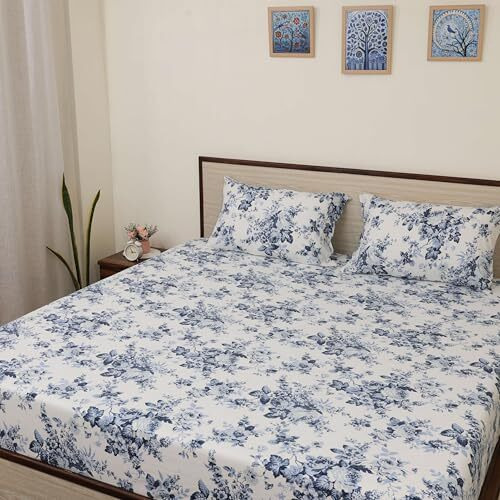Bedsheet For Double Bed Include Pillow Covers Blue Floral Bliss Blue | Double Bed Sheets Soft Printed Bedding