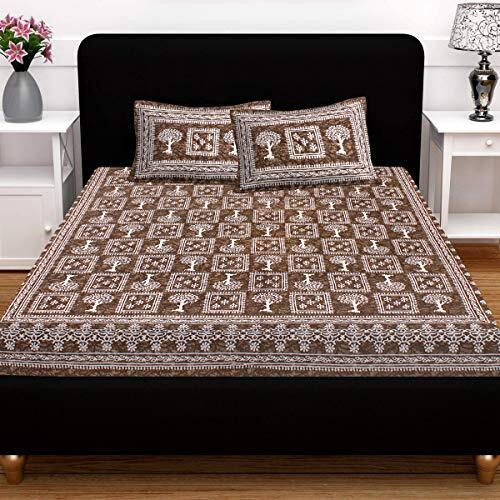 Sheetkart 144 Tc Cotton Floral Jaipuri Printed Double Bedsheet With 2 Pillow Covers, Coffee Brown