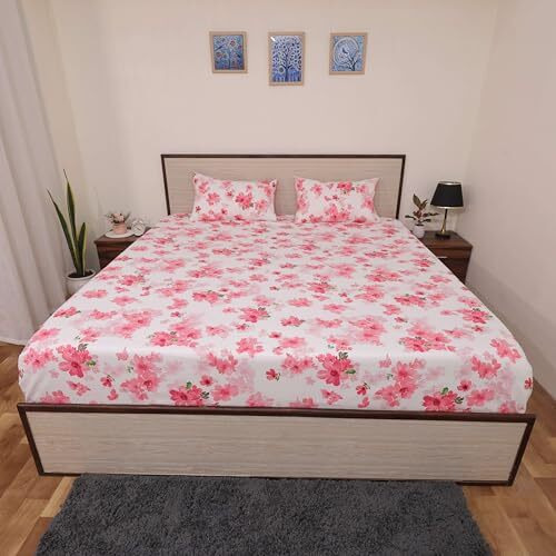 Bhoomi Impex Bed Sheets - Brushed Microfiber Bedding - Flat Bedsheets & Pillowcase - Super Soft Microfiber - Breathable Wrinkle, Fade Resistant & Cooling Sheets - King_Floral Pink