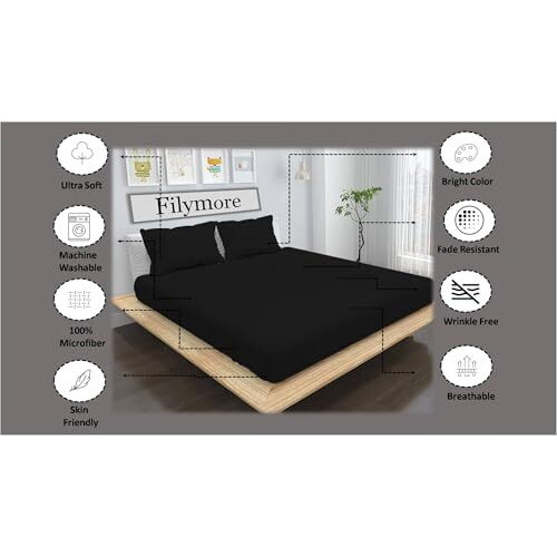 Filymore Plain Solid Black Double Bedsheet 240 Tc Made With Pure Microfiber Single Color Bedsheet For Double Bed With 2 Pillow Cover (Black) (Size 90X90 Inchs)