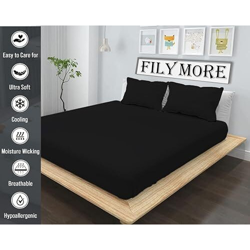 Filymore Plain Solid Black Double Bedsheet 240 Tc Made With Pure Microfiber Single Color Bedsheet For Double Bed With 2 Pillow Cover (Black) (Size 90X90 Inchs)