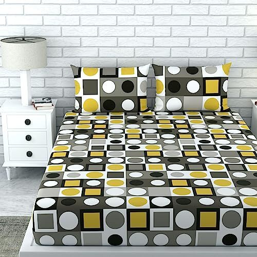 Loreto - A Quality Linen Brand 100% Cotton Bedsheet For Double Bed, 1 Double Bedsheet With 2 Pillow Covers | 144 Tc Queen Size Double Bedsheet Cotton, Forged Iron Grey And Lemon Zest Yellow
