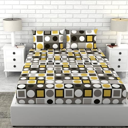 Loreto - A Quality Linen Brand 100% Cotton Bedsheet For Double Bed, 1 Double Bedsheet With 2 Pillow Covers | 144 Tc Queen Size Double Bedsheet Cotton, Forged Iron Grey And Lemon Zest Yellow