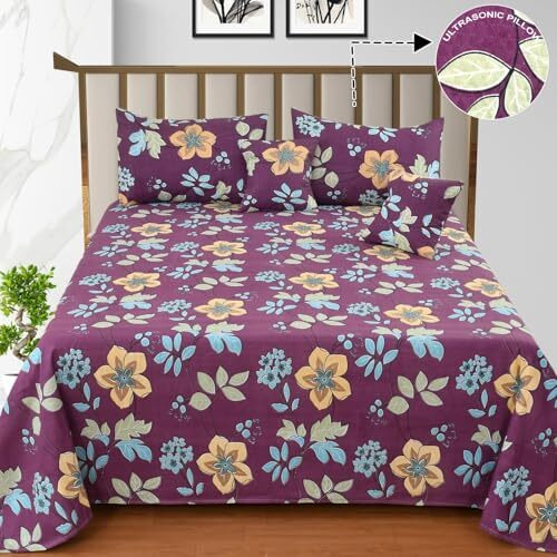 Bhavya 5 Piece Glace Cotton Double Bed Sheet Set - Includes 2 Pillow & 2 Cushion Covers, 230 Tc - Printed Bedsheet For Double Bed King Size Cotton - Purple - Premium Comfort Bedding For Home